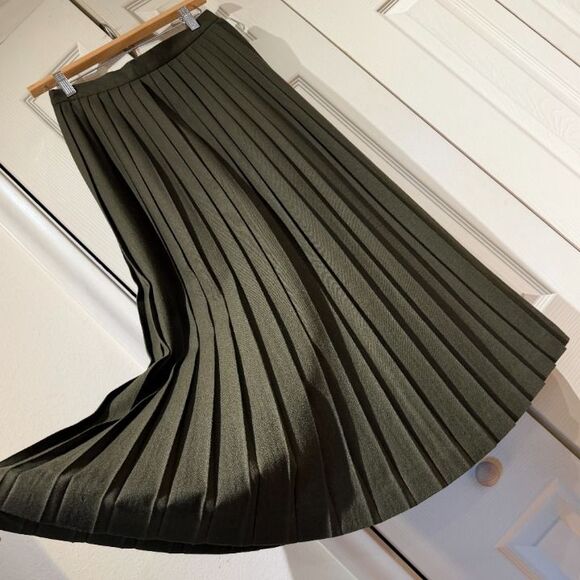 MINT VTG Lloyd Williams 100% Pure Wool Olive Green High Waist Pleated Midi Skirt - Picture 4 of 12